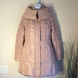 La Chapelle Rose Gold Pink Puffer Coat Funnel Neck Car Length Medium New